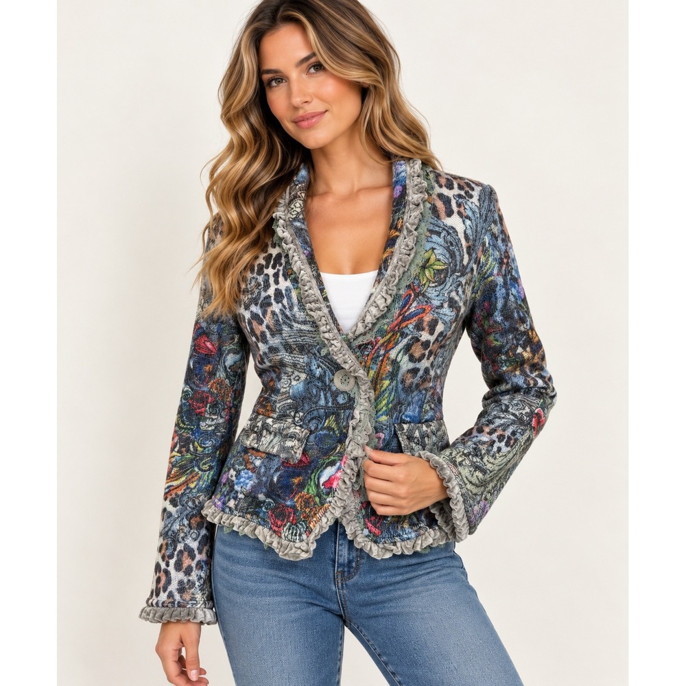 Alberto Makali Knit Blazer Womens Small Maximalist Leopard Floral Ruffle Jacket